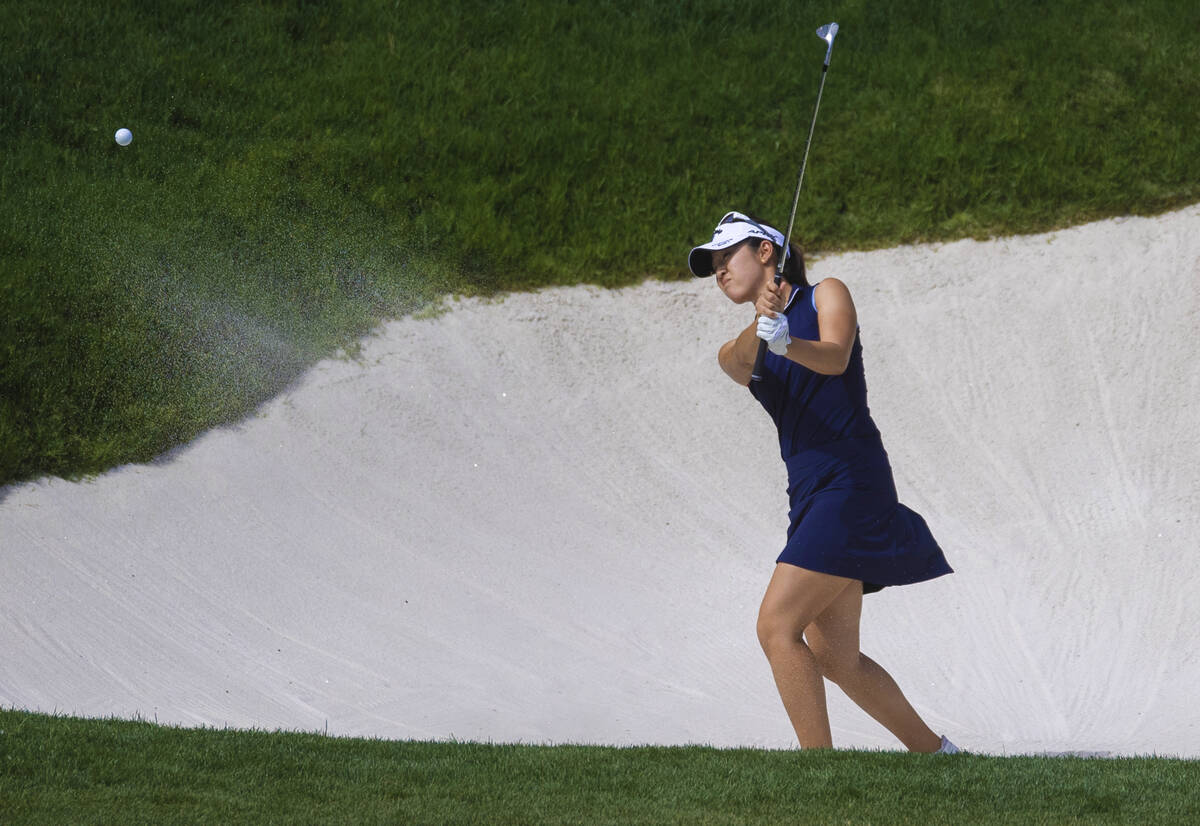 Andrea Lee chips out of the sand on the 9th hole during the fourth day of the LPGA Bank of Hope ...