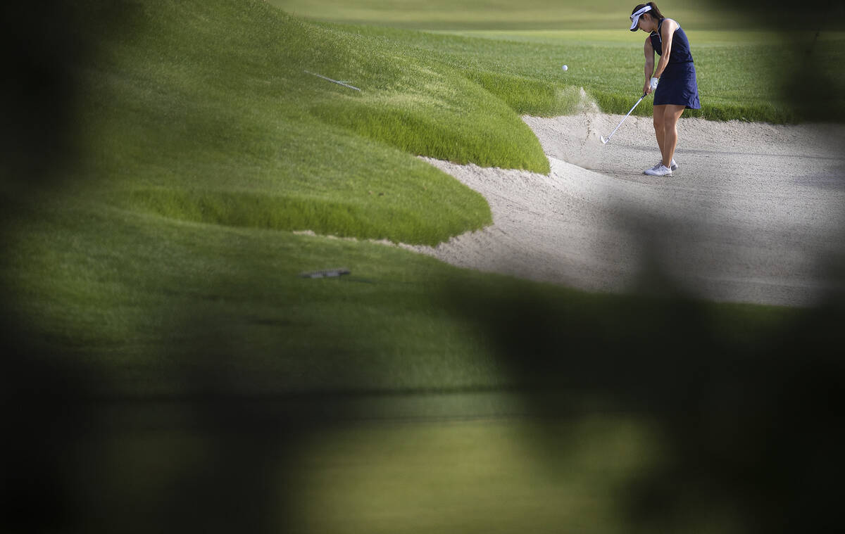Andrea Lee chips out of the sand on the 19th hole during the fourth day of the LPGA Bank of Hop ...
