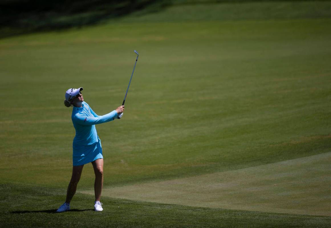 Madalene Sagstrom hits out of the rough on the 6th hole during the fourth day of the LPGA Bank ...