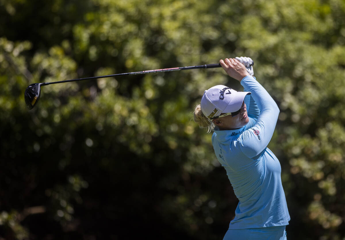 Madalene Sagstrom drives off the tee of the 6th hole during the fourth day of the LPGA Bank of ...