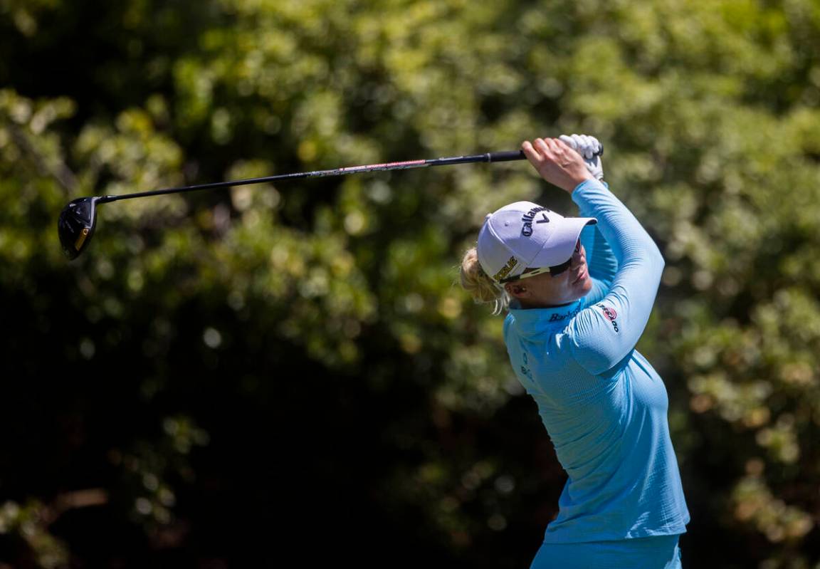 Madalene Sagstrom drives off the tee of the 6th hole during the fourth day of the LPGA Bank of ...