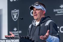 Raiders head coach Josh McDaniels speaks during a press conference at the Raiders headquarters ...