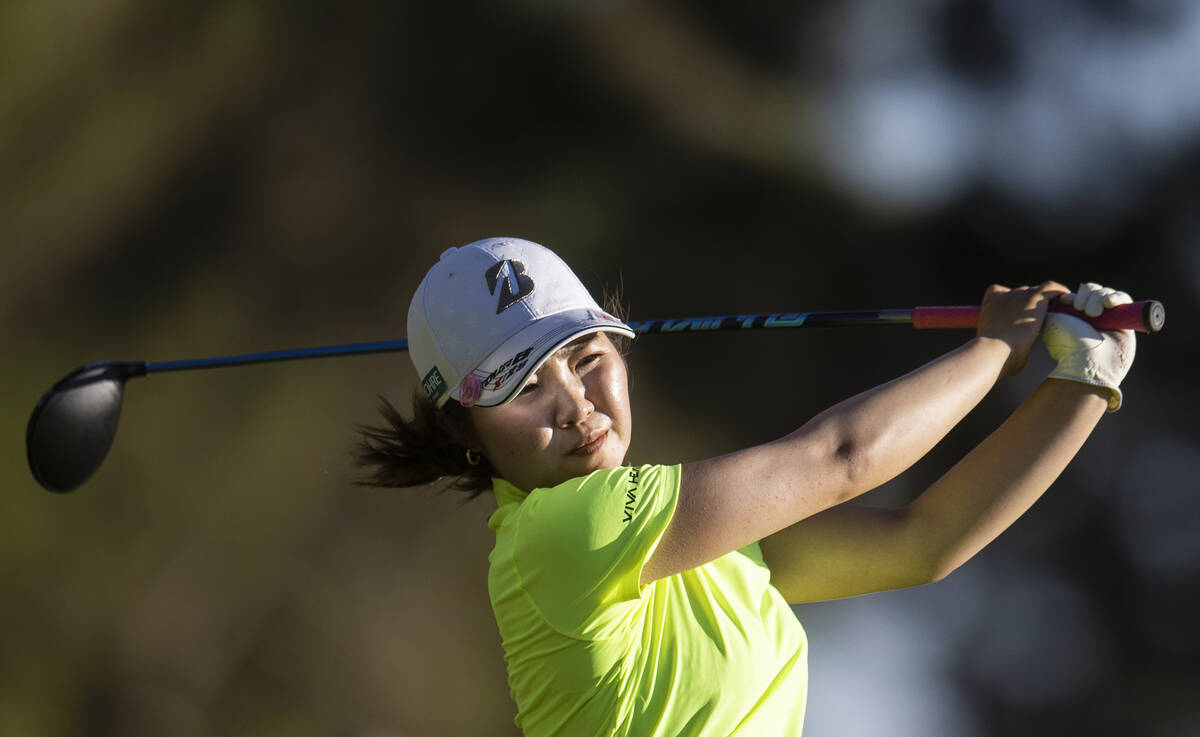 Ayaka Furue drives off the 14th tee during the final day of the LPGA Bank of Hope Match Play go ...