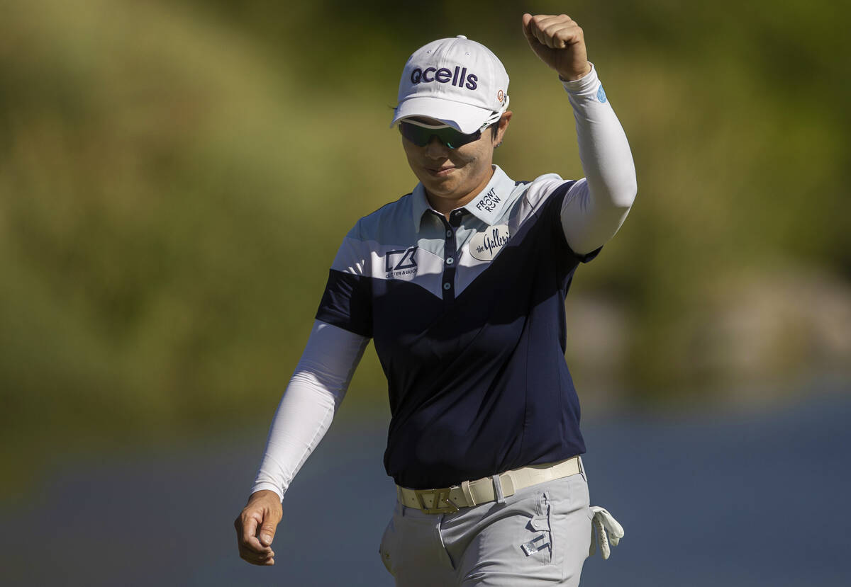 Eun-Hee Ji celebrates after making an eagle on the 9th hole during the final day of the LPGA Ba ...