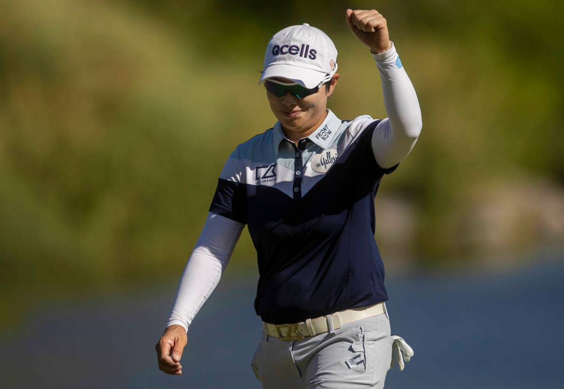 Eun-Hee Ji celebrates after making an eagle on the 9th hole during the final day of the LPGA Ba ...