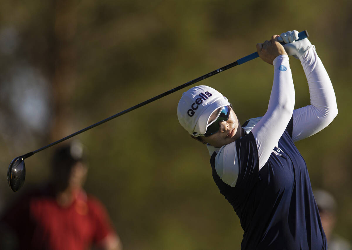 Eun-Hee Ji drives off the 14th tee during the final day of the LPGA Bank of Hope Match Play gol ...