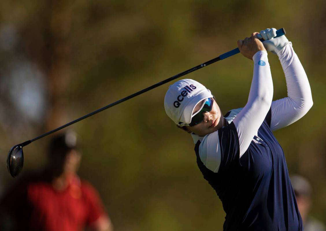Eun-Hee Ji drives off the 14th tee during the final day of the LPGA Bank of Hope Match Play gol ...