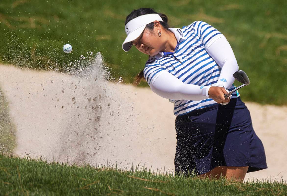 Lilia Vu chips out of the sand on the 1st hole during the final day of the LPGA Bank of Hope Ma ...