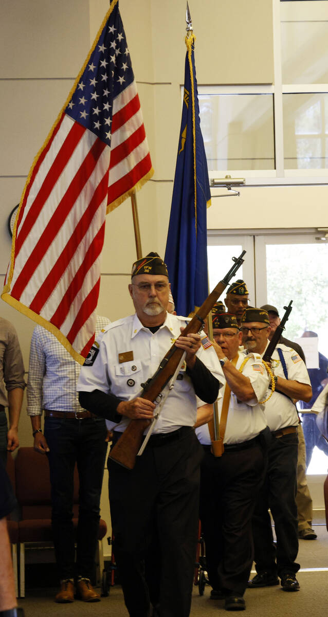 Members of VFW Post 36 Honor Guard present colors during a Memorial Day ceremony at Southern Ne ...