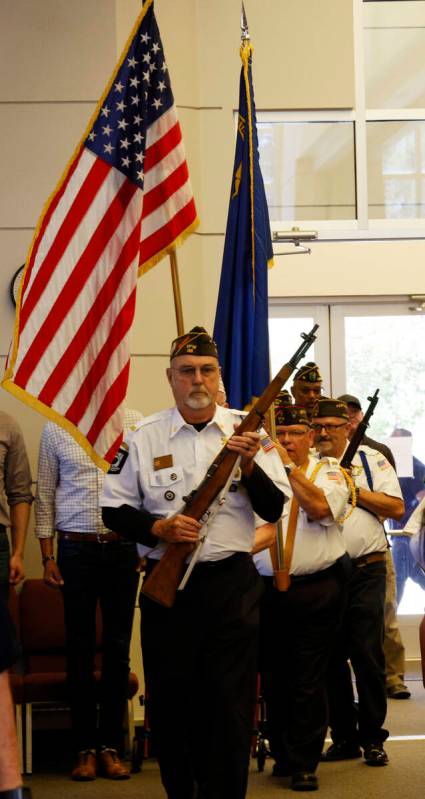 Members of VFW Post 36 Honor Guard present colors during a Memorial Day ceremony at Southern Ne ...