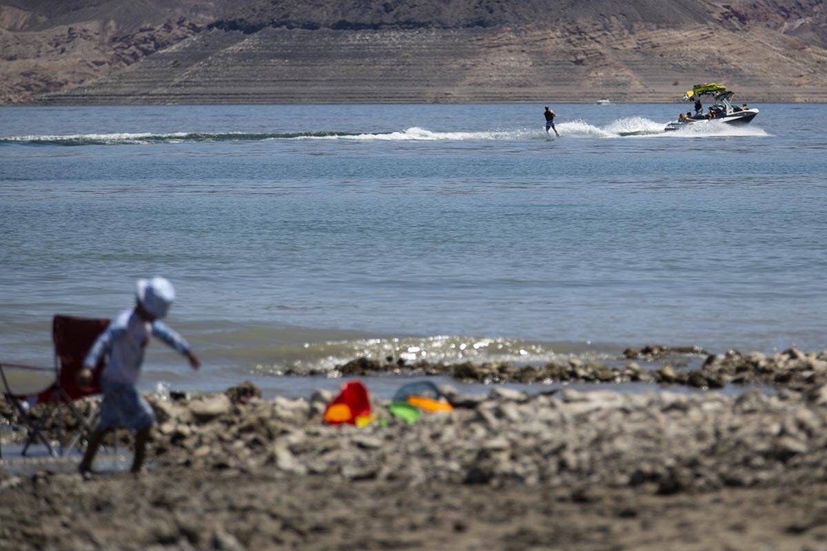 A boated cruises the water at Lake Mead in Las Vegas, Monday, May 30, 2022. (Erik Verduzco / La ...