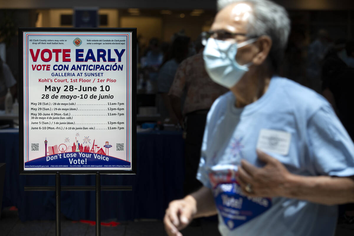 A poll worker passes the early voting site at Galleria at Sunset shopping mall on Saturday, May ...