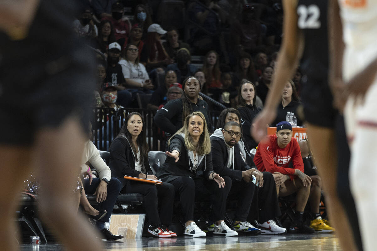 Las Vegas Aces head coach Becky Hammon gestures from the bench during the second half of a WNBA ...