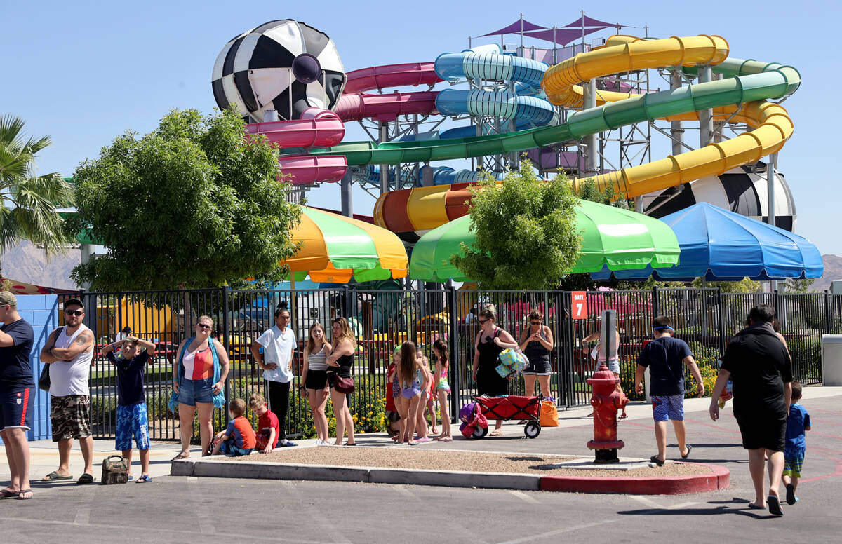 People line up for the reopening of Cowabunga Bay water park in Henderson Friday, May 29, 2020. ...