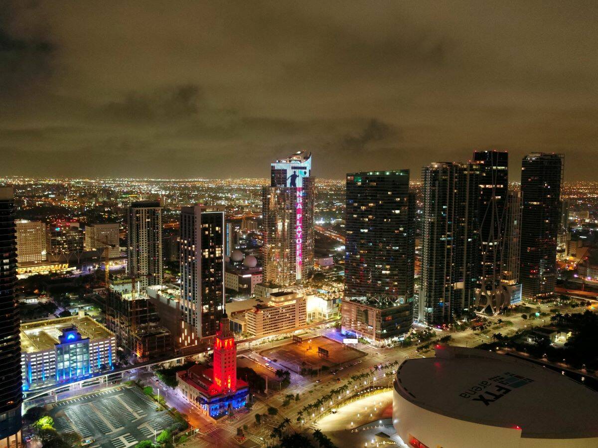 South Florida's skyline is celebrating the Miami Heat's victory in its first game of the NBA pl ...