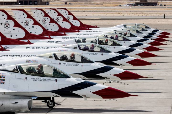 The U.S. Air Force Thunderbirds lined up as they prepare to take off from Nellis Air Force Base ...