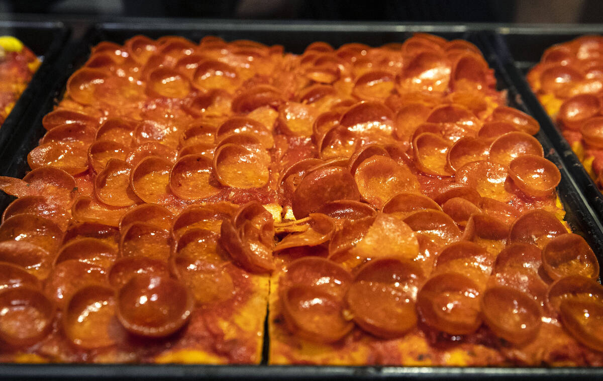 Slices of pepperoni pizza are displayed at the Boss Cafe by Buddy Valastro at the LINQ hotel-ca ...
