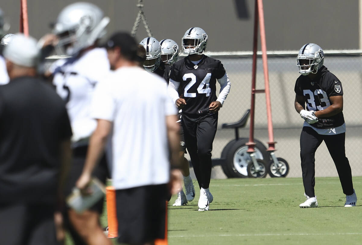 Raiders safety Johnathan Abram (24) participates during practice at Raiders Headquarters and In ...