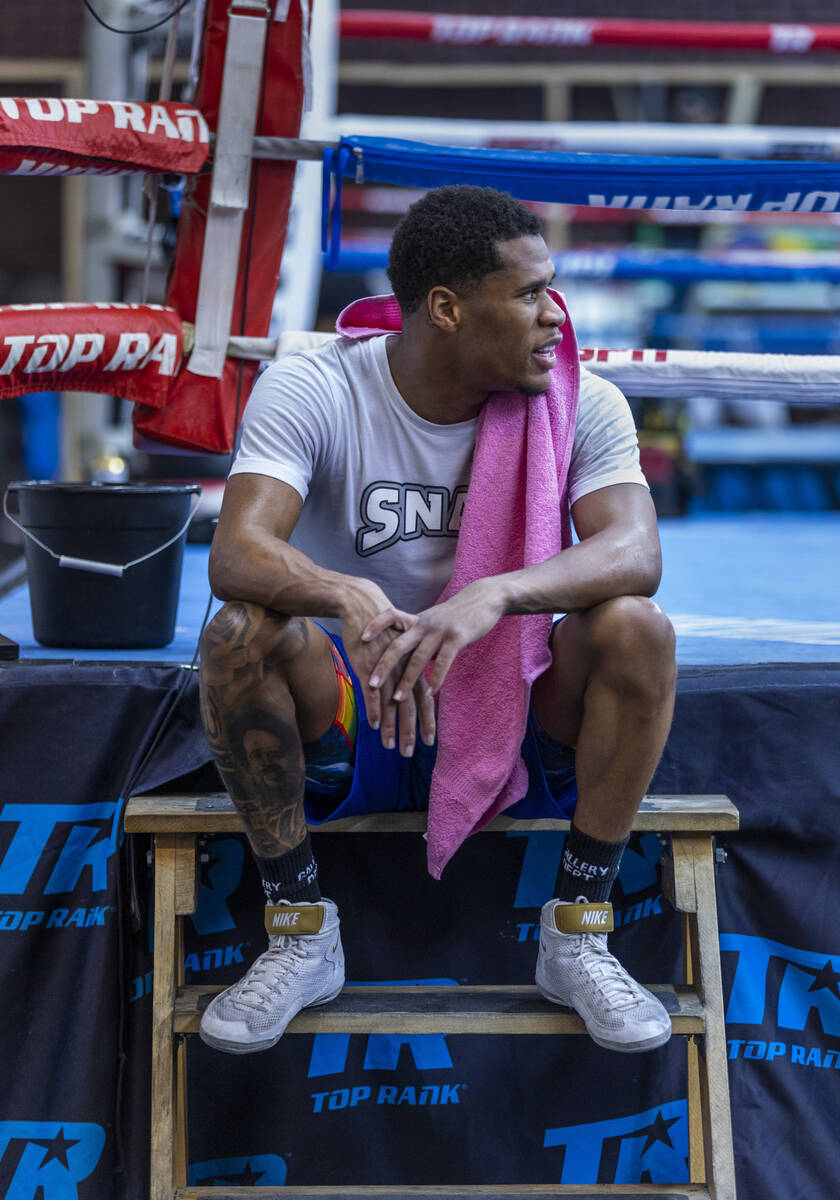 WBC lightweight boxer Devin Haney takes a break during a workout session at the Top Rank Boxing ...