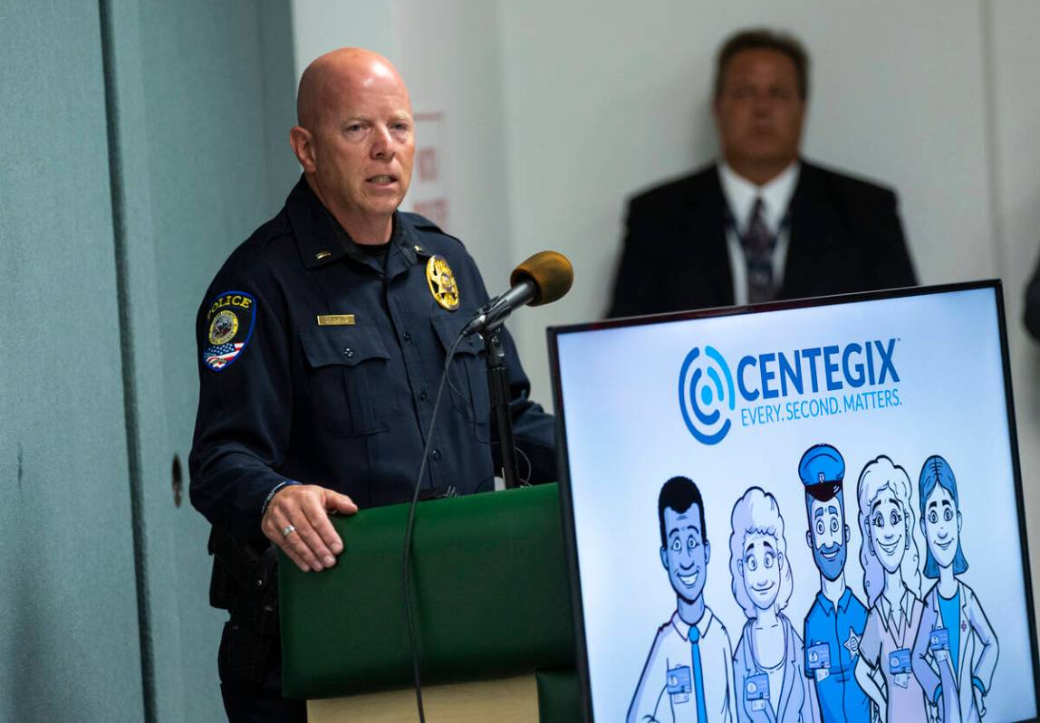 Lt. Bryan Zink of the Clark County School District Police Department speaks during an event mar ...