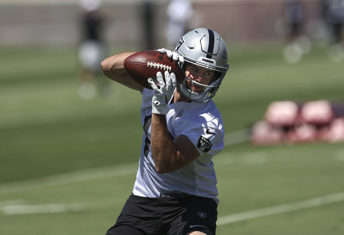 Raiders wide receiver Hunter Renfrow participates during practice at Raiders Headquarters and I ...