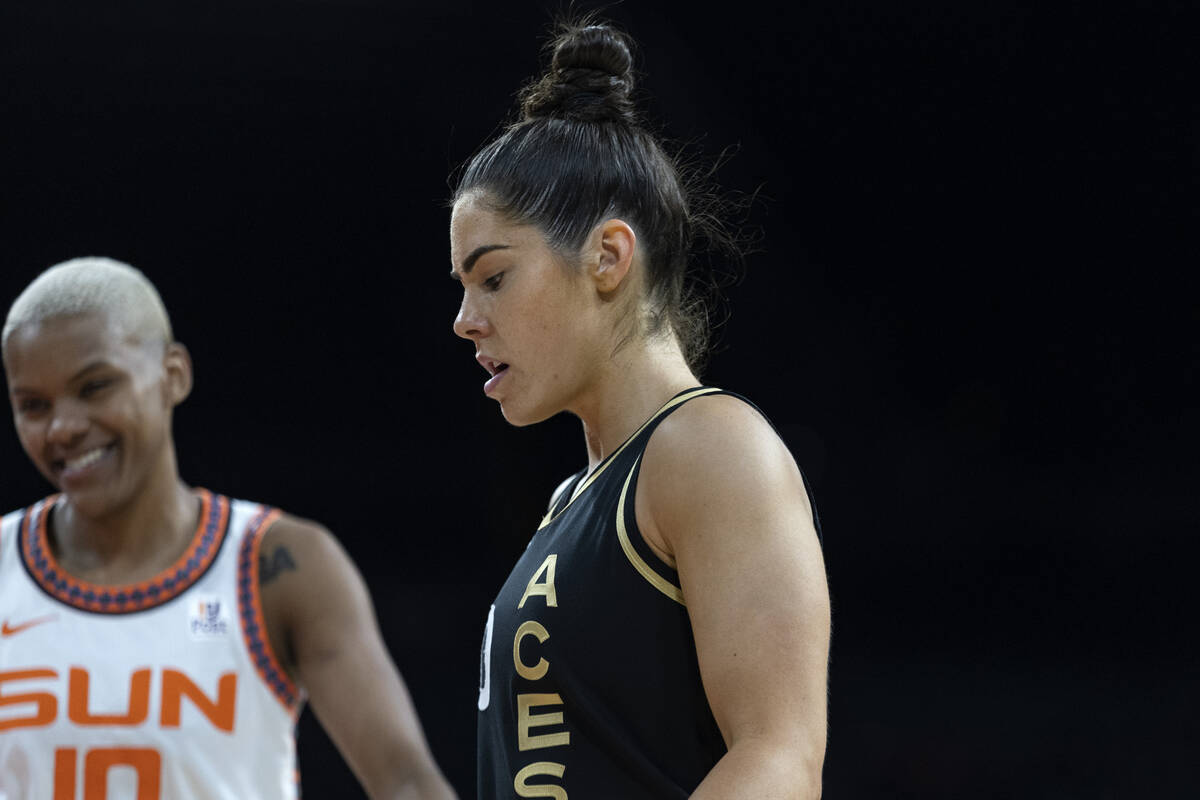 Las Vegas Aces guard Kelsey Plum (10) reacts to a referee’s call while Connecticut Sun g ...