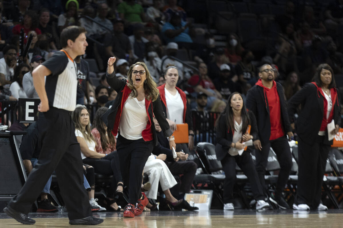 Las Vegas Aces head coach Becky Hammon shouts at a referee after he fouled forward A’ja ...