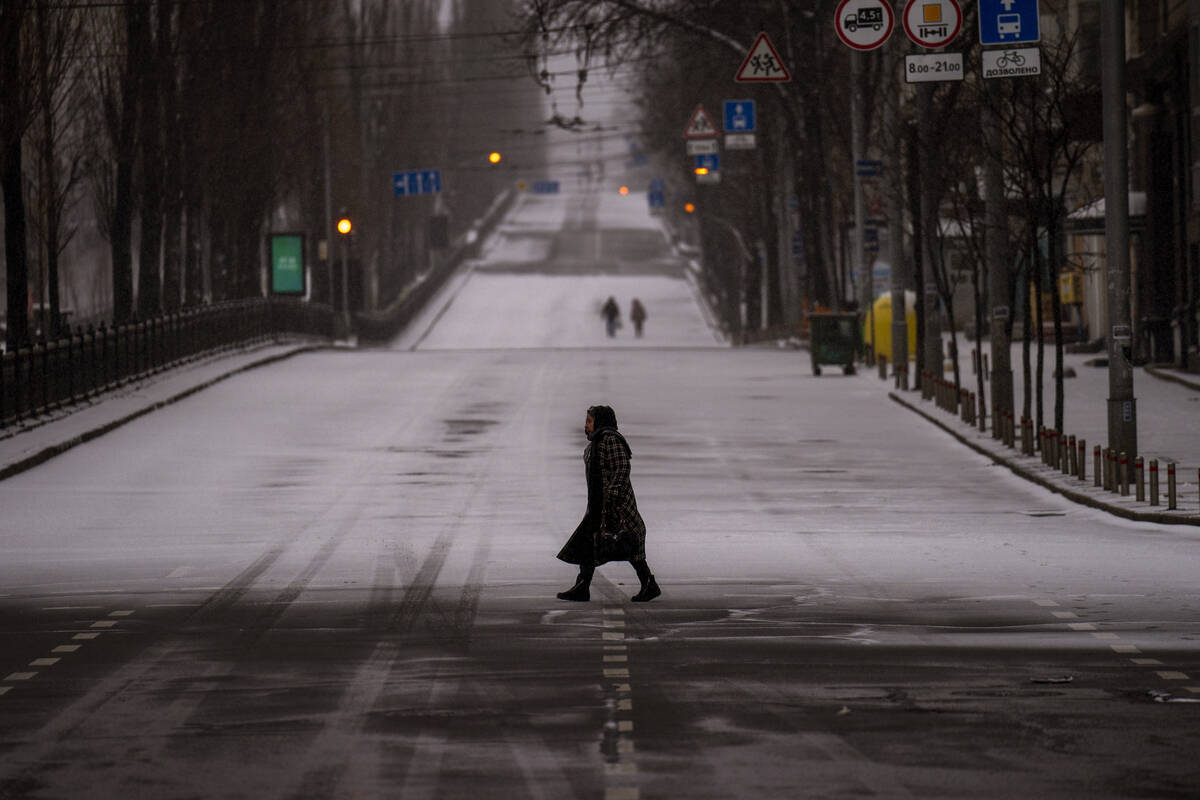 Roads are empty during curfew in Kyiv, Ukraine, Tuesday, March 1, 2022. (AP Photo/Emilio Morenatti)