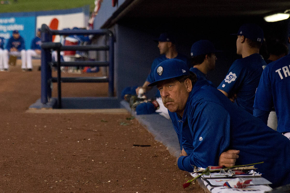 Las Vegas 51s pitching coach Frank Viola (16) looks out at the field during their game against ...