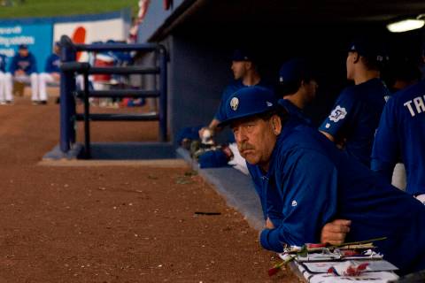Las Vegas 51s pitching coach Frank Viola (16) looks out at the field during their game against ...