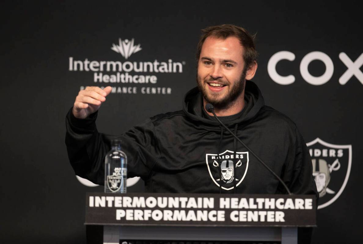 Raiders wide receiver Hunter Renfrow reacts to media questions during a news conference on Thur ...