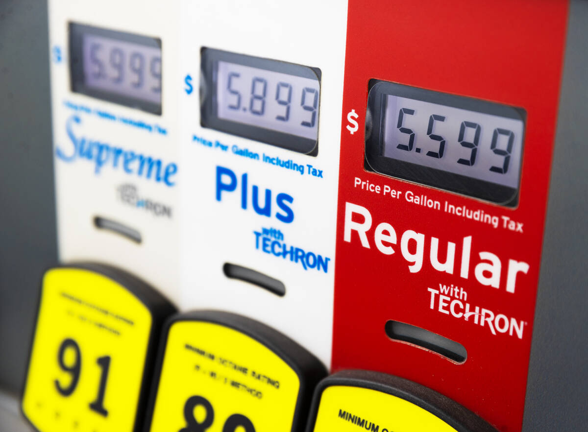 Gas pumps at Lucky Spot Chevron on Saturday, June 4, 2022, in Las Vegas. (Benjamin Hager/Las Ve ...