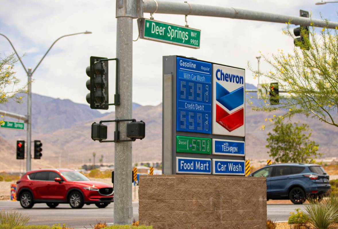 Gas prices are advertised at Lucky Spot Chevron on Saturday, June 4, 2022, in Las Vegas. (Benja ...