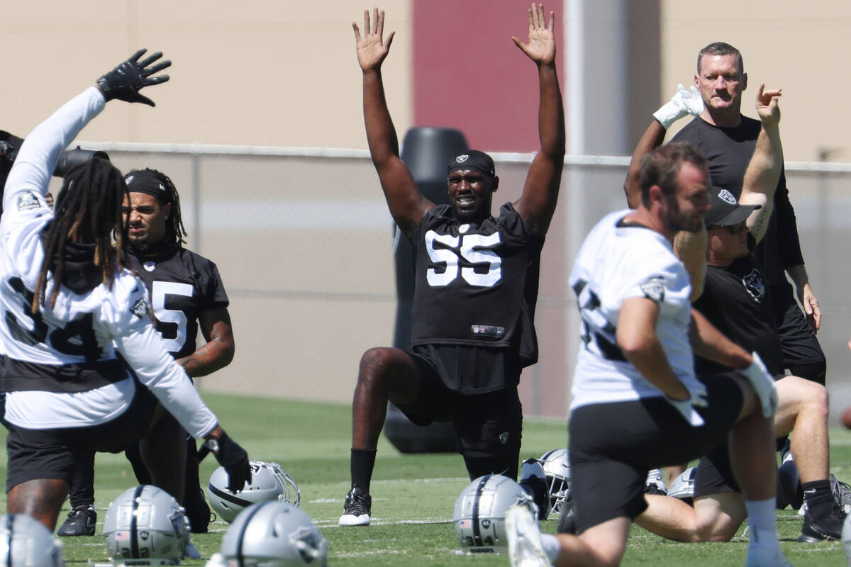 Raiders defensive end Chandler Jones (55) stretches during a team practice on Thursday, June 2, ...