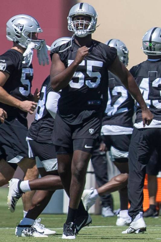Raiders defensive end Chandler Jones (55) works out during a team practice on Thursday, June 2, ...