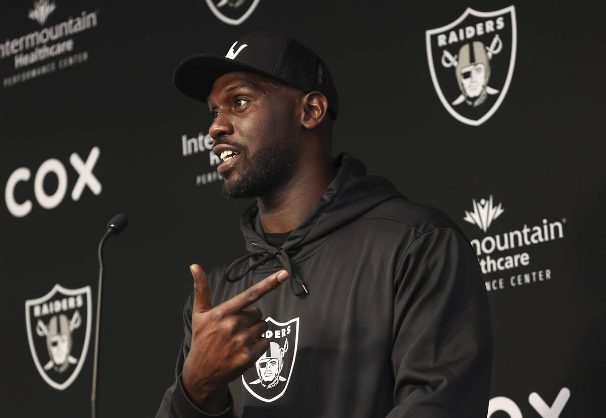 Raiders defensive end Chandler Jones speaks during a press conference at Raiders Headquarters a ...