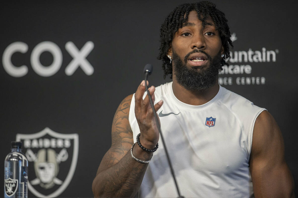 Raiders cornerback Nate Hobbs addresses the media during a news conference on Thursday, June 2, ...