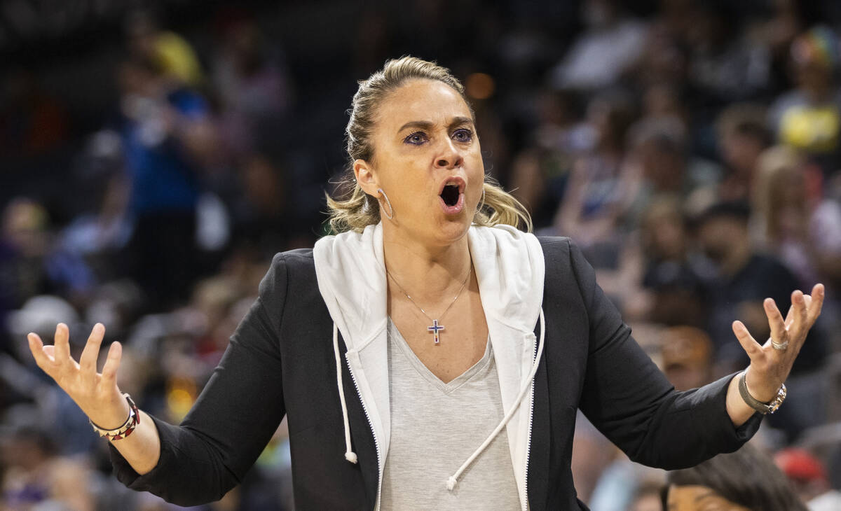Aces head coach Becky Hammon argues a call in the second half during a WNBA basketball game aga ...
