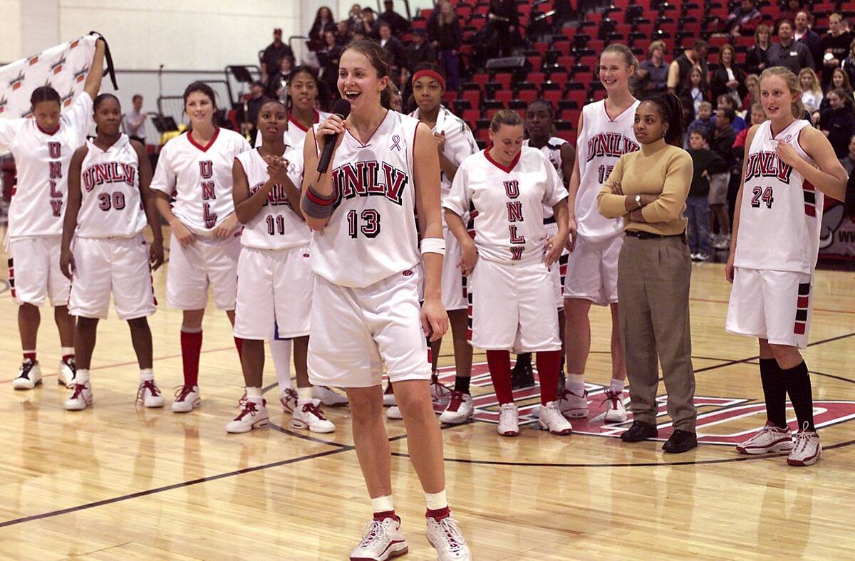 UNLV forward Linda Frohlich addresses fans at the Cox Pavilion after the Lady Rebels' overtime ...