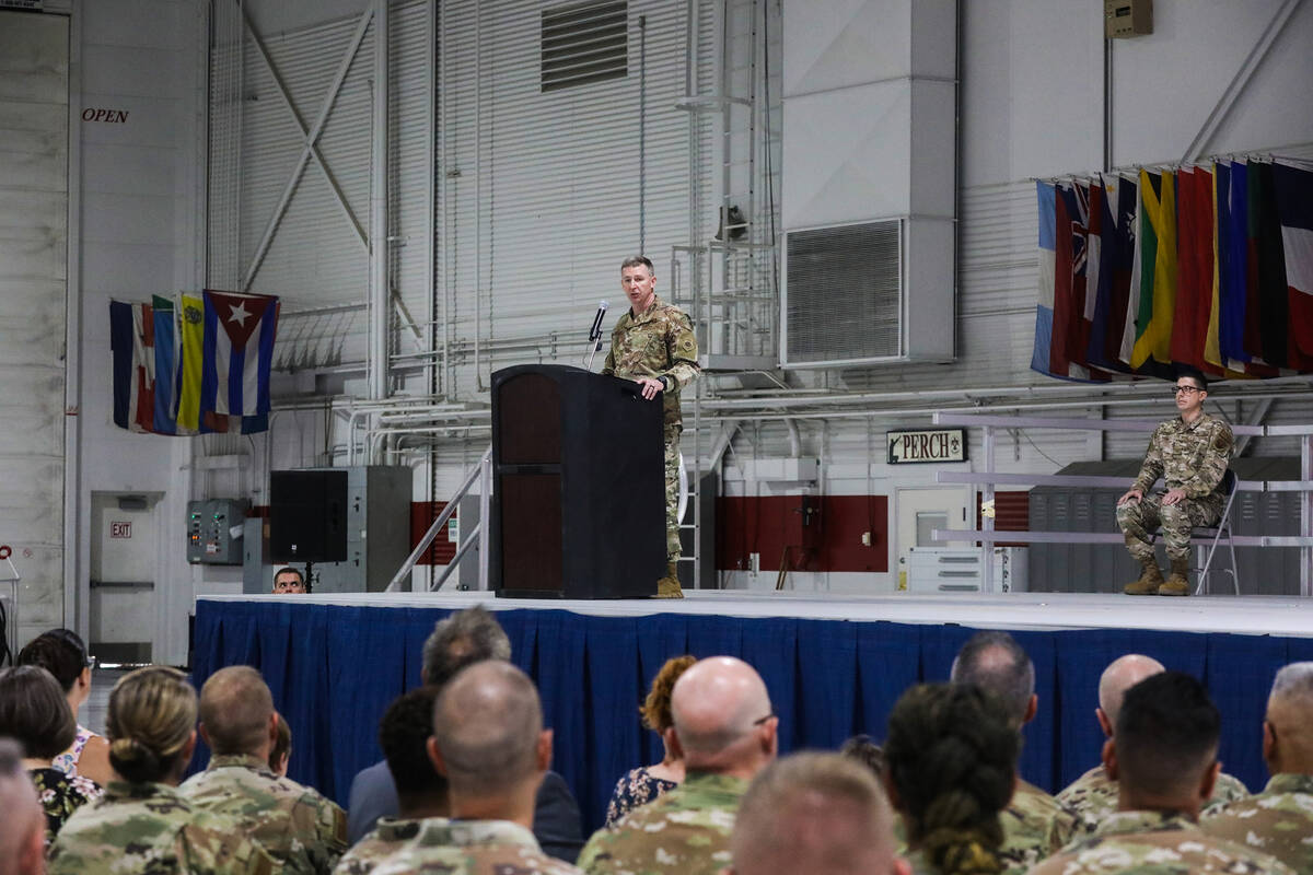 Brig. Gen. Evan Pettus, U.S. Air Force Warfare Center Vice Commander, addresses the audience a ...