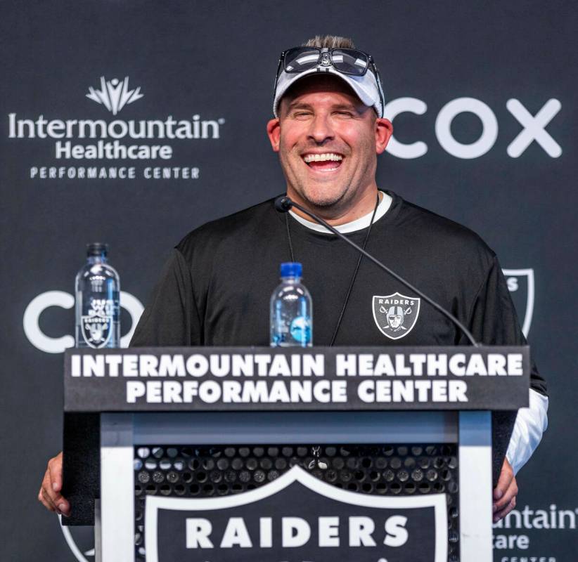 Raiders head coach Josh McDaniels talks during minicamp practice at the Raiders headquarters wi ...