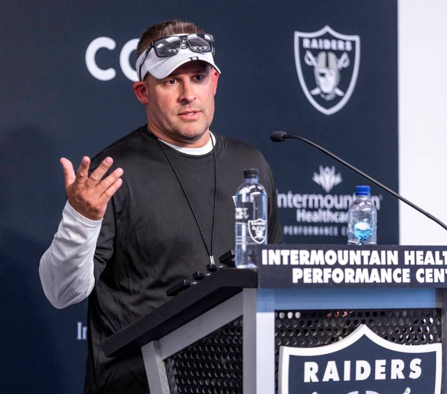 Raiders head coach Josh McDaniels talks during minicamp practice at the Raiders headquarters wi ...