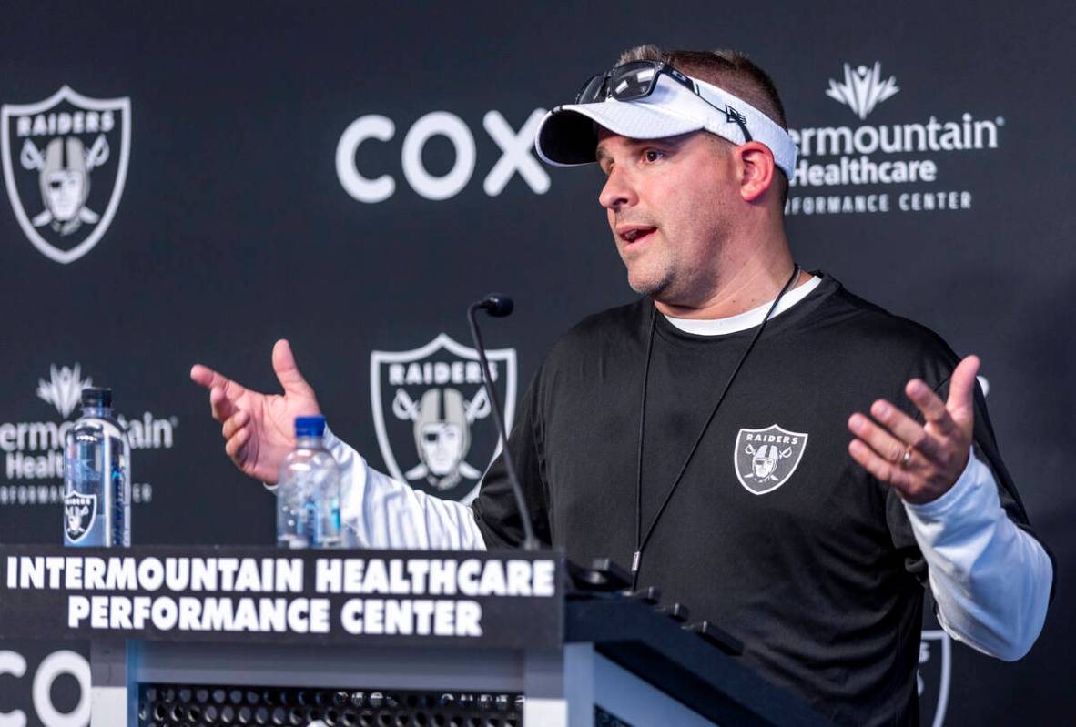 Raiders head coach Josh McDaniels talks during minicamp practice at the Raiders headquarters wi ...