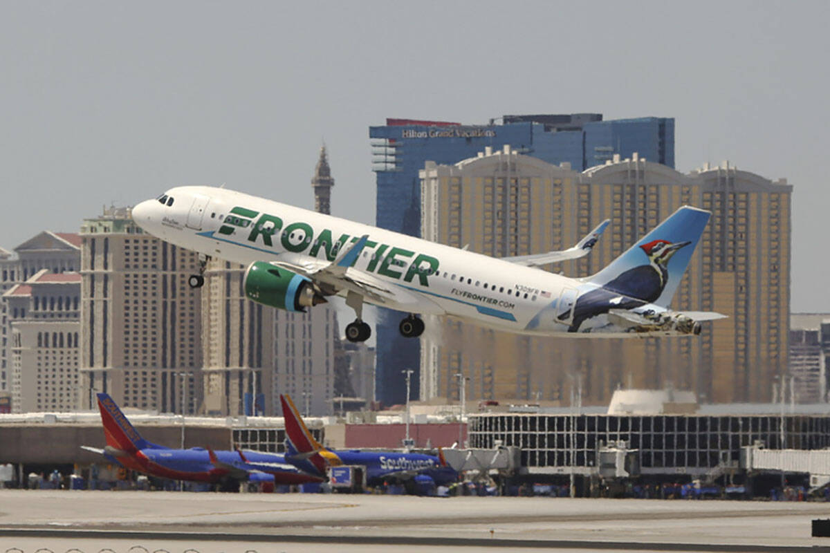 A Frontier airlines flight departs for takeoff in Las Vegas in 2019. (Las Vegas Review-Journal)