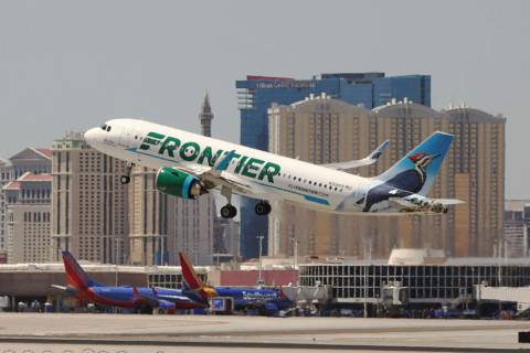 A Frontier airlines flight departs for takeoff in Las Vegas in 2019. (Las Vegas Review-Journal)