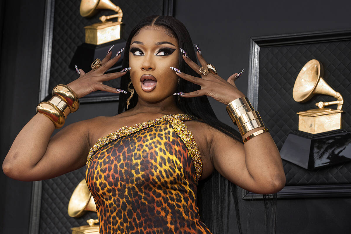 Megan Thee Stallion on the red carpet before the start of the 2022 Grammy Awards on Sunday, Apr ...