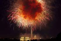 FILE - In this July 4, 2018, file photo, fireworks explode over Lincoln Memorial, Washington Mo ...
