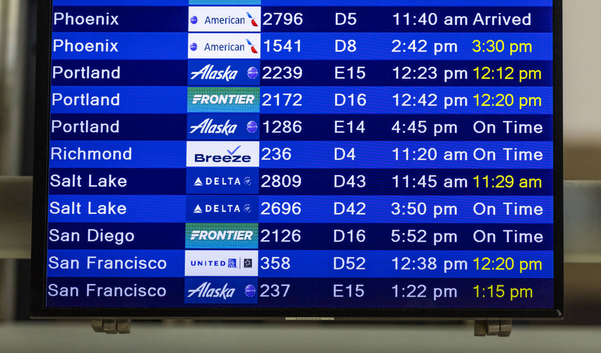 The Breeze Airways inaugural flight arrival from Richmond, VA., is listed on an arrival board i ...