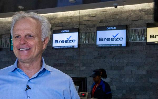 Breeze Airways CEO David Needleman speaks near their ticketing area for their inaugural flight ...