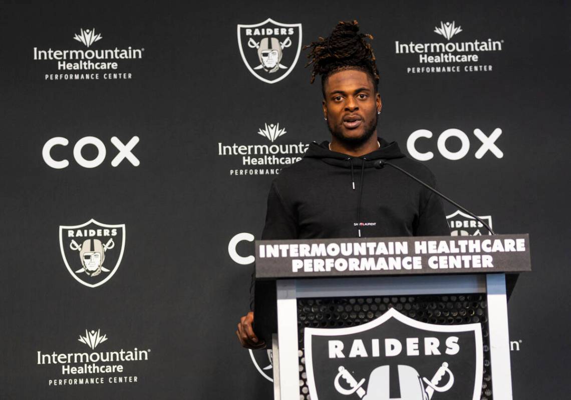 Raiders wide receiver Davante Adams speaks during a press conference at Raiders Headquarters an ...